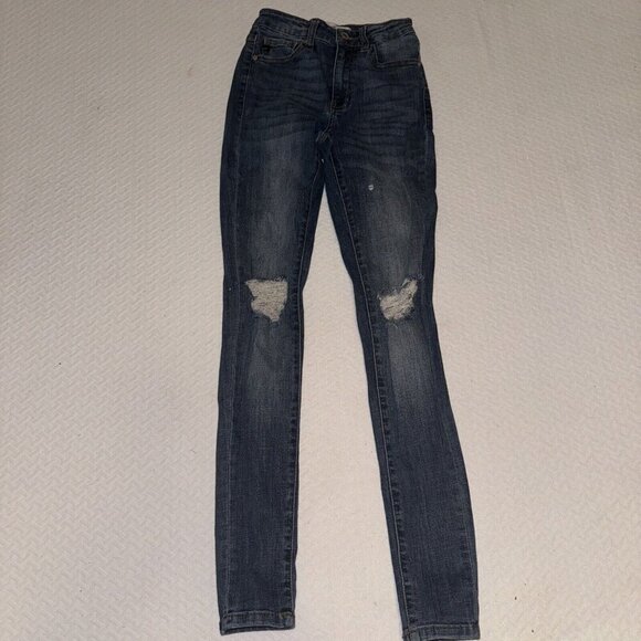 Kancan Skinny Jeans Womens 0/23 Mid Rise Dark Wash Distressed Stretchy Denim - Picture 1 of 8